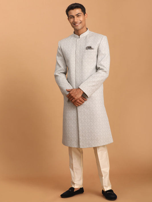Men's Cream Cotton Blend Straight Sherwani Set