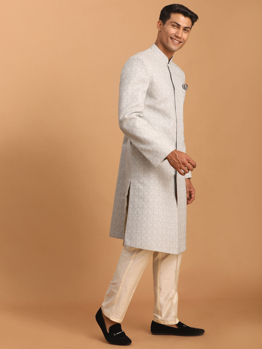 Men's Cream Cotton Blend Straight Sherwani Set