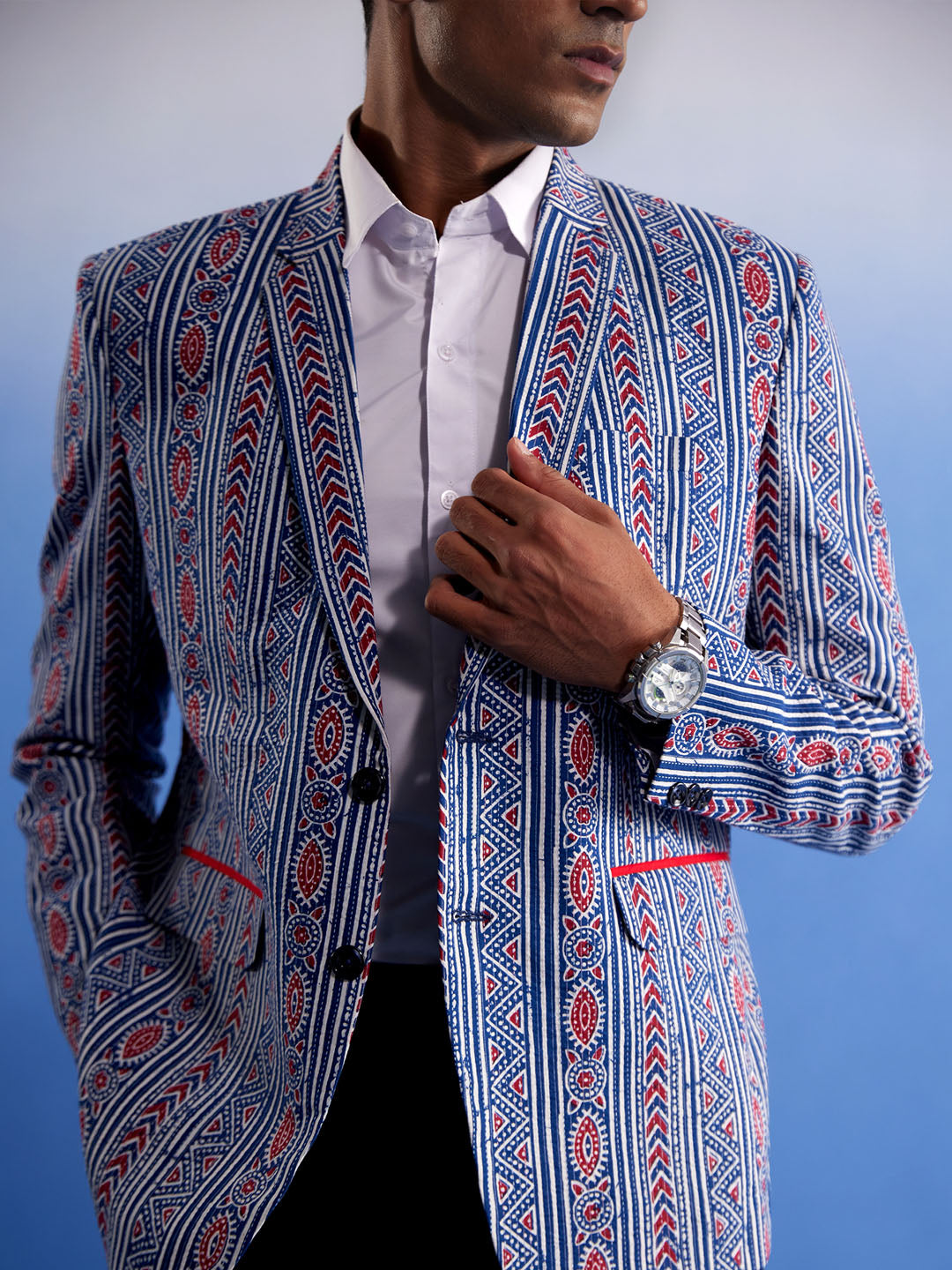 Men's Indigo Blue Cotton Straight Blazer