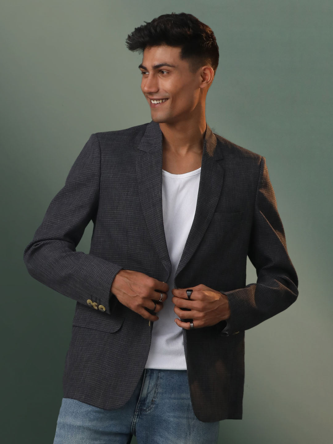 Men's Black Cotton Straight Blazer
