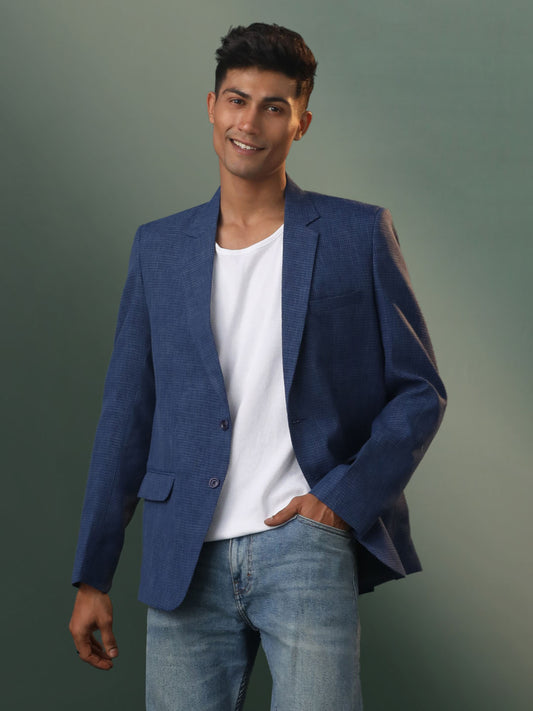 Men's Blue Cotton Straight Blazer