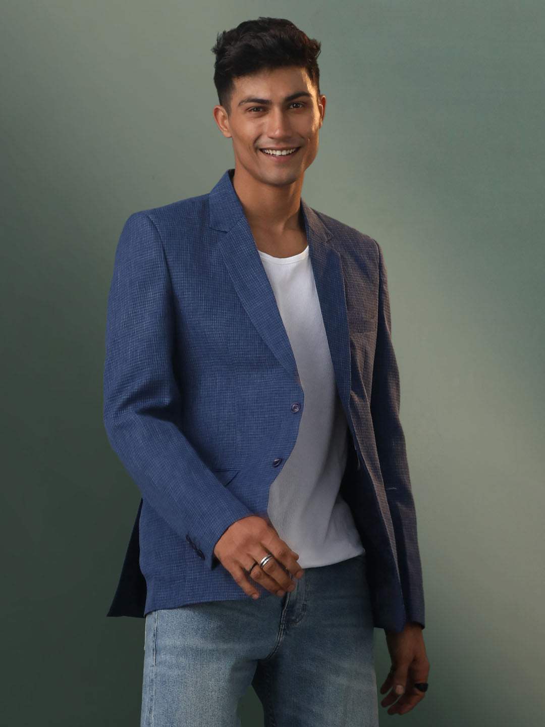 Men's Blue Cotton Straight Blazer
