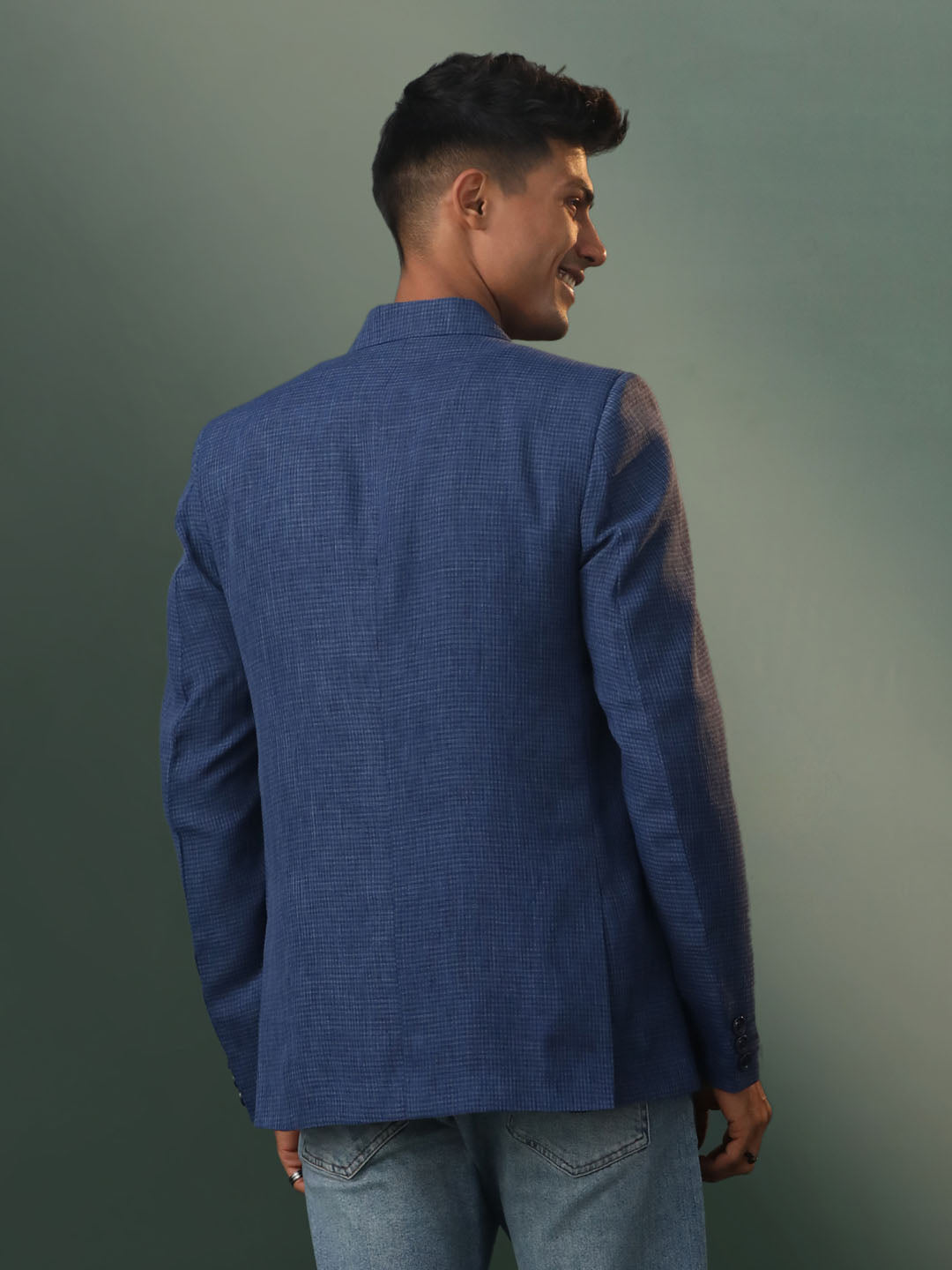 Men's Blue Cotton Straight Blazer