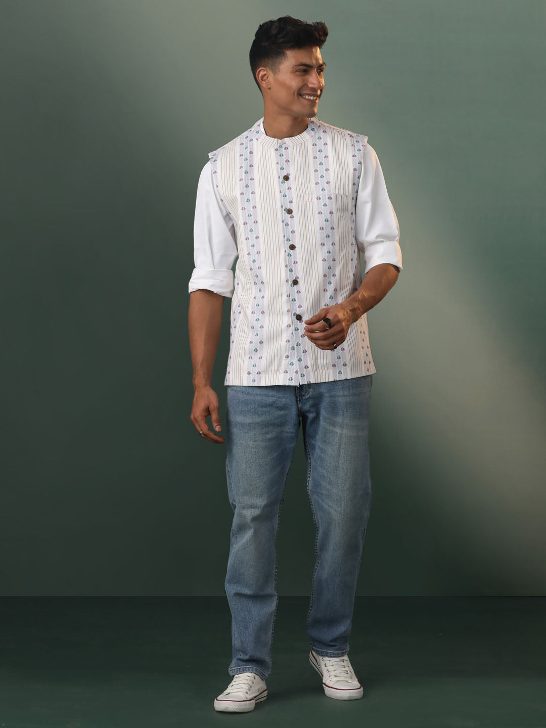 Men's Multicolor Base White Cotton Straight Nehru Jacket