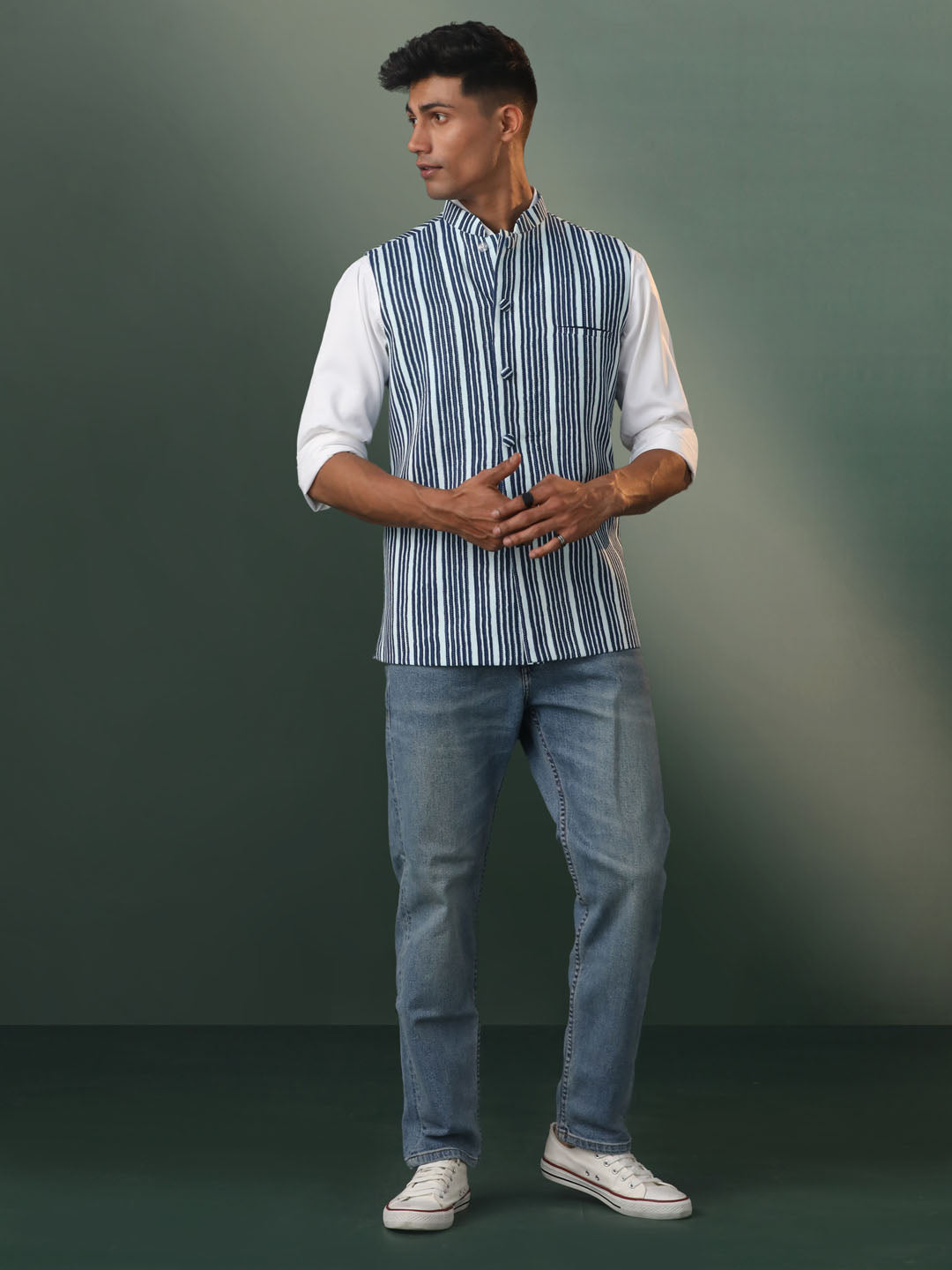 Men's Indigo Blue Cotton Straight Nehru Jacket