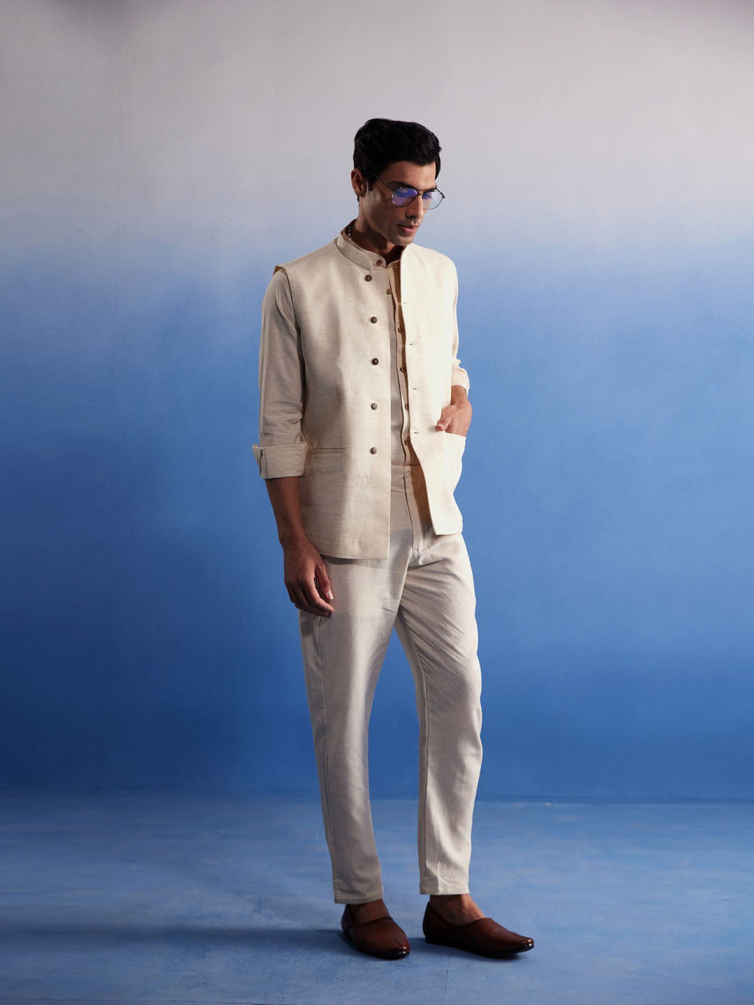 Men's Cream Cotton Straight Nehru Jacket