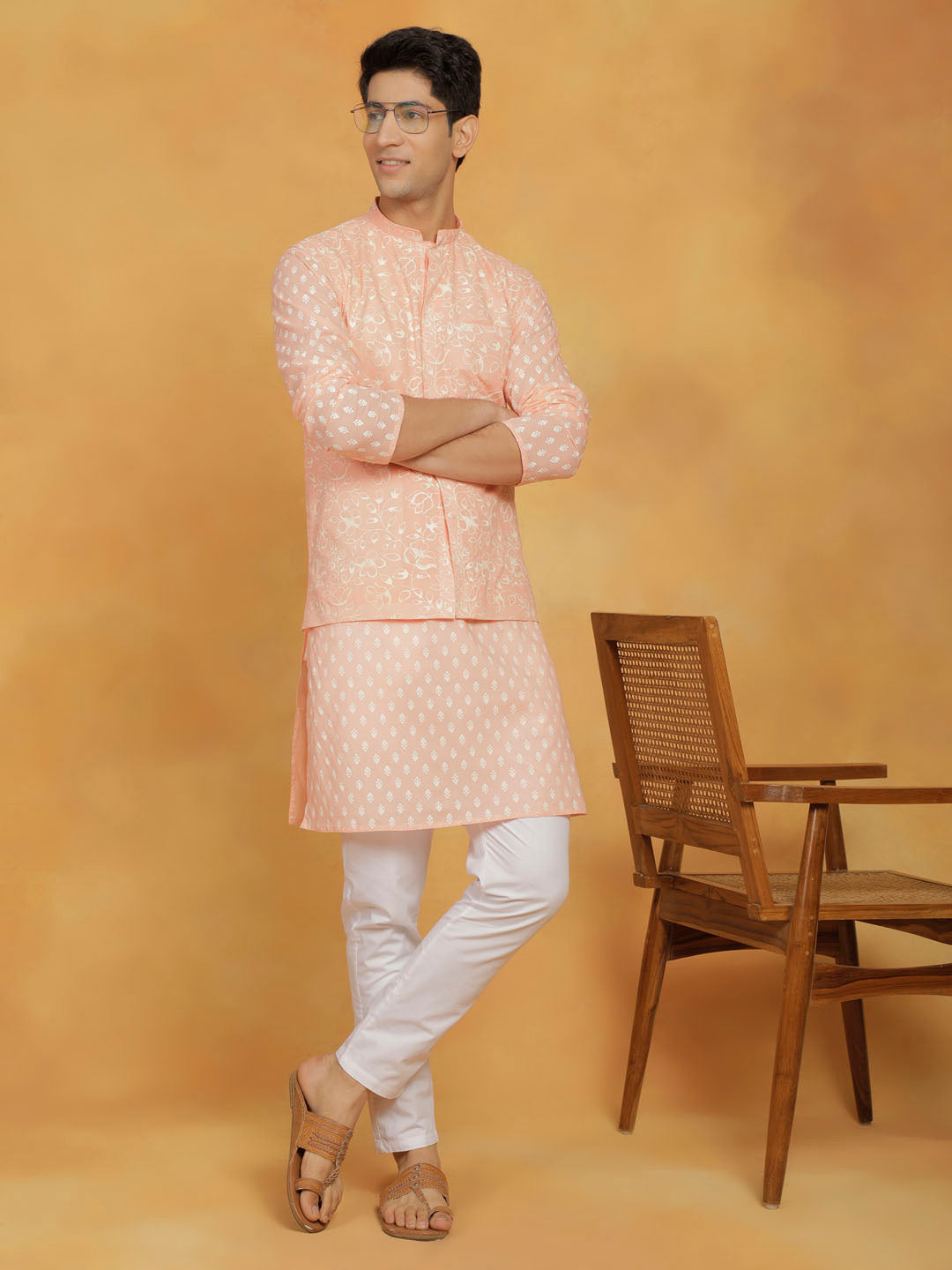 Men's Peach Cotton Straight Nehru Jacket