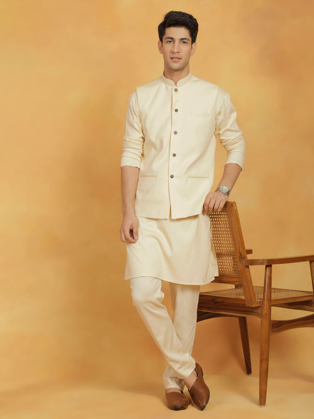 Men's Cream Cotton Straight Nehru Jacket