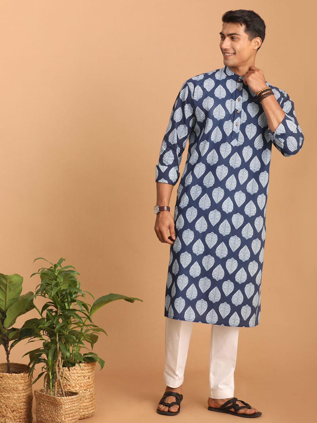 Men's Indigo Blue Cotton Straight Kurta Pyjama Set