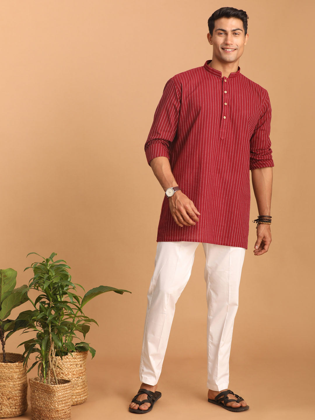 Men's Maroon Cotton Straight Kurta Pyjama Set