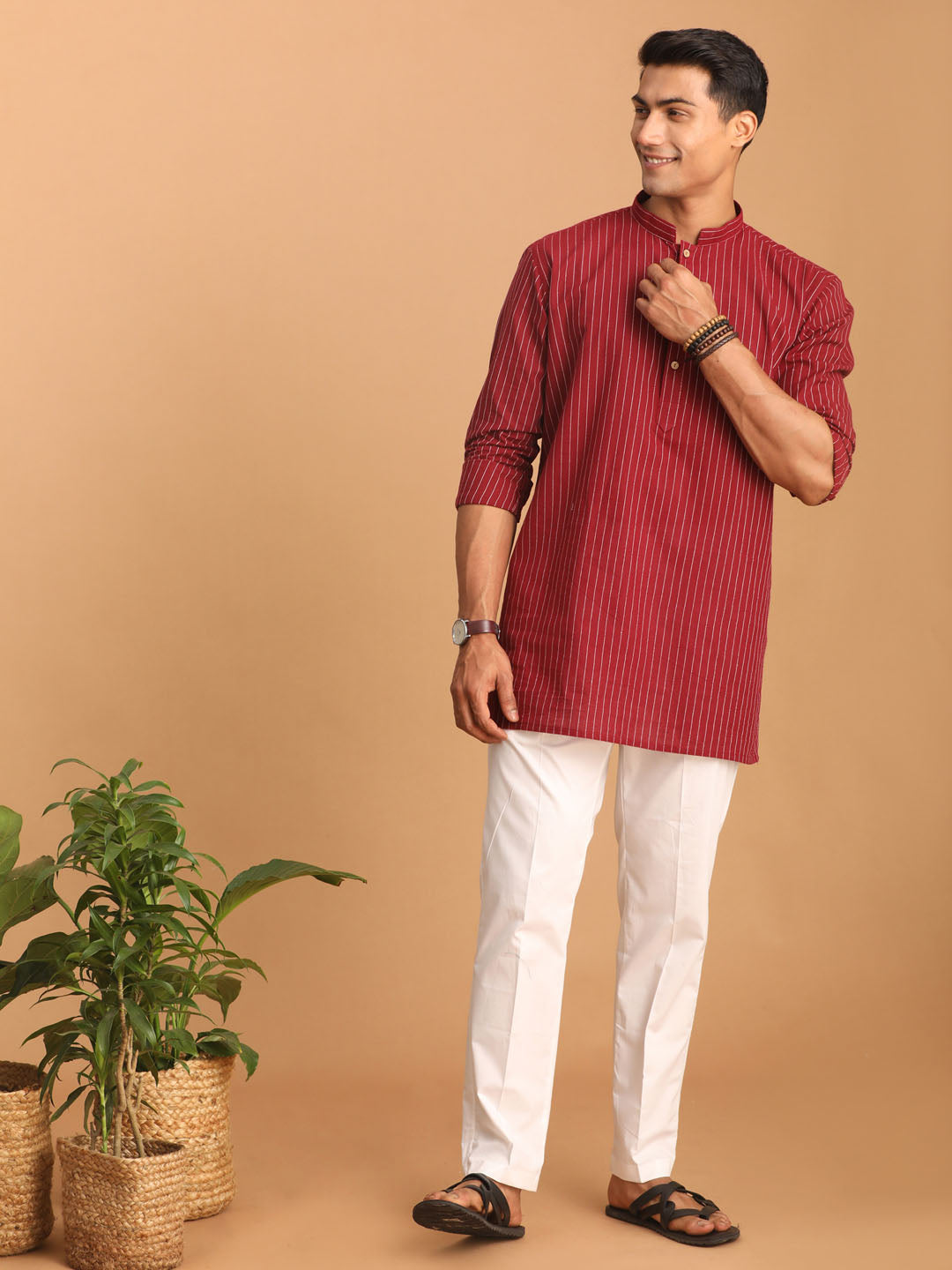 Men's Maroon Cotton Straight Kurta Pyjama Set