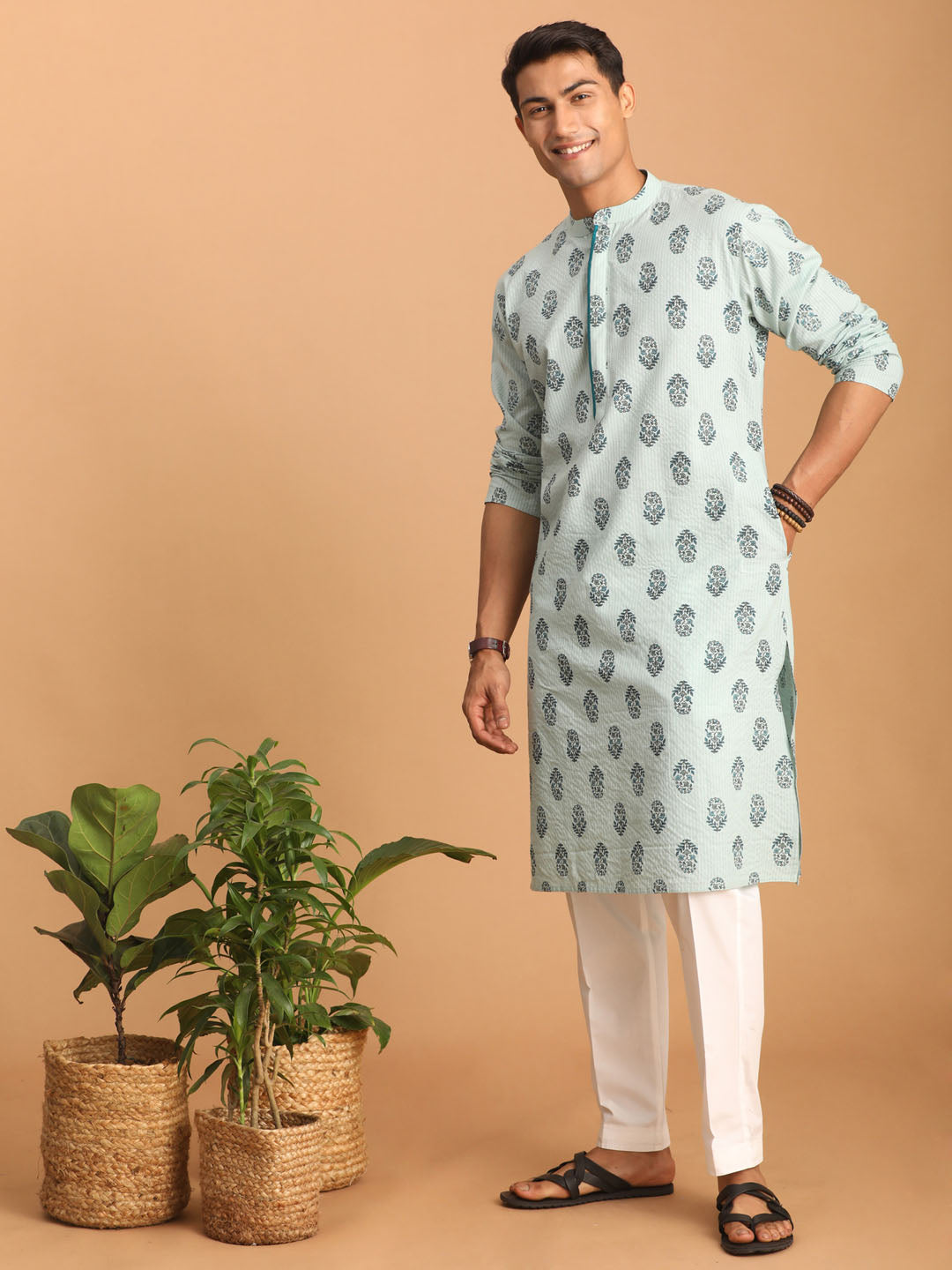 Men's Aqua Cotton Straight Kurta Pyjama Set