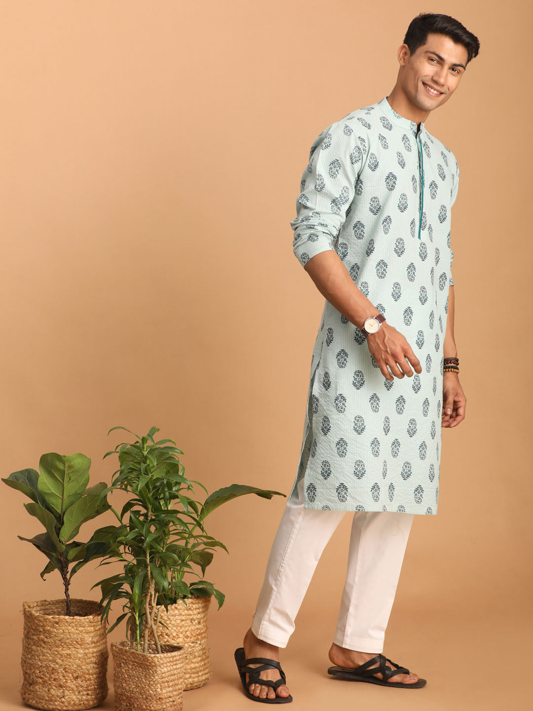 Men's Aqua Cotton Straight Kurta Pyjama Set