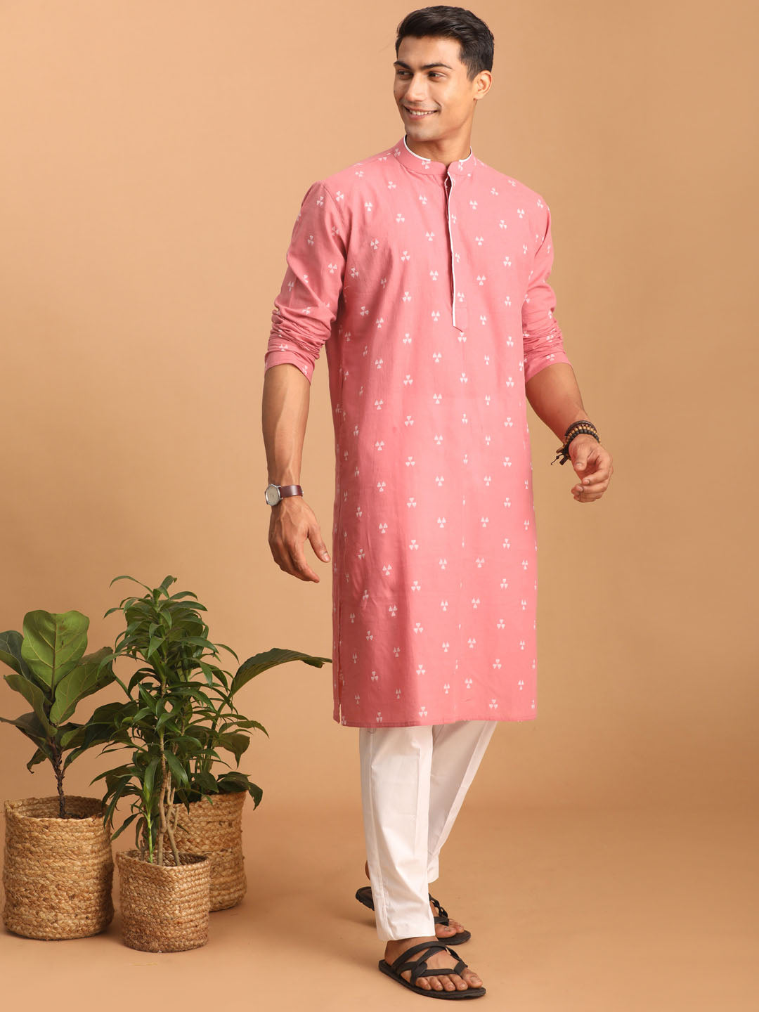 Men's Pink Cotton Straight Kurta Pyjama Set