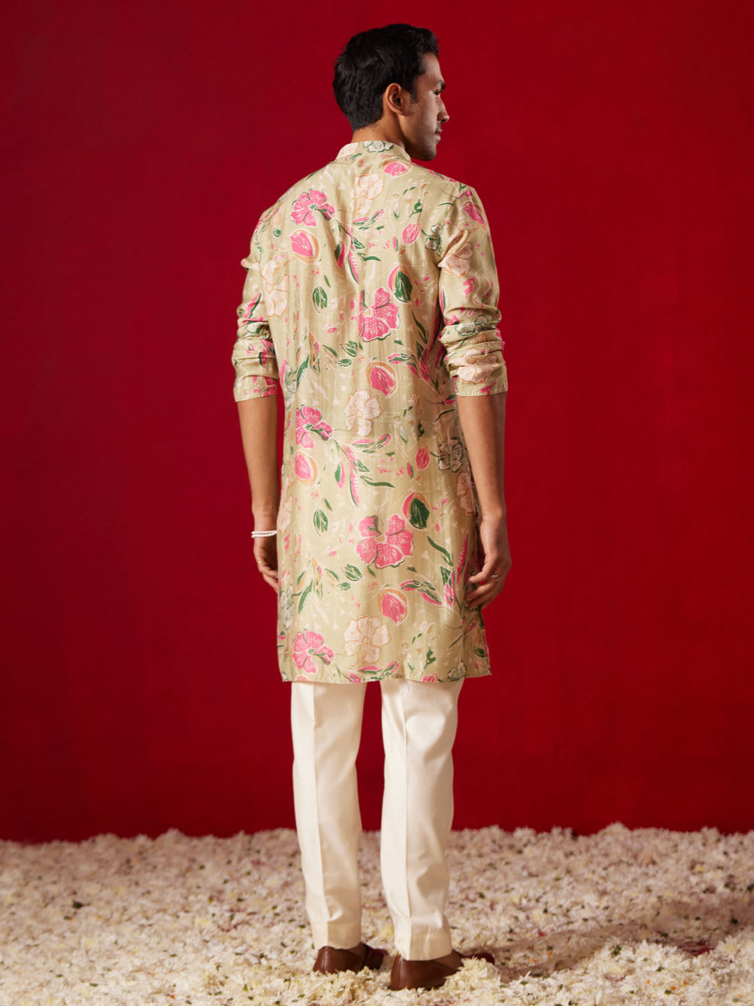 Men's Multi color Base Beige Cotton blend Straight Kurta Pyjama Set