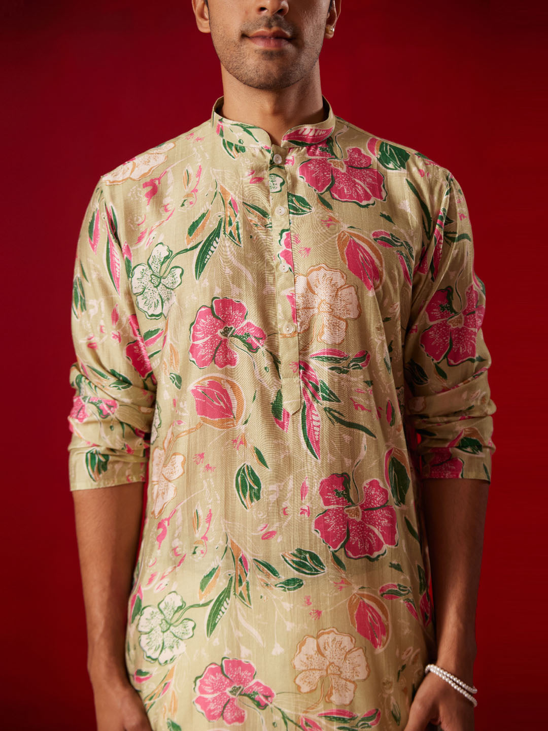 Men's Multi color Base Beige Cotton blend Straight Kurta Pyjama Set