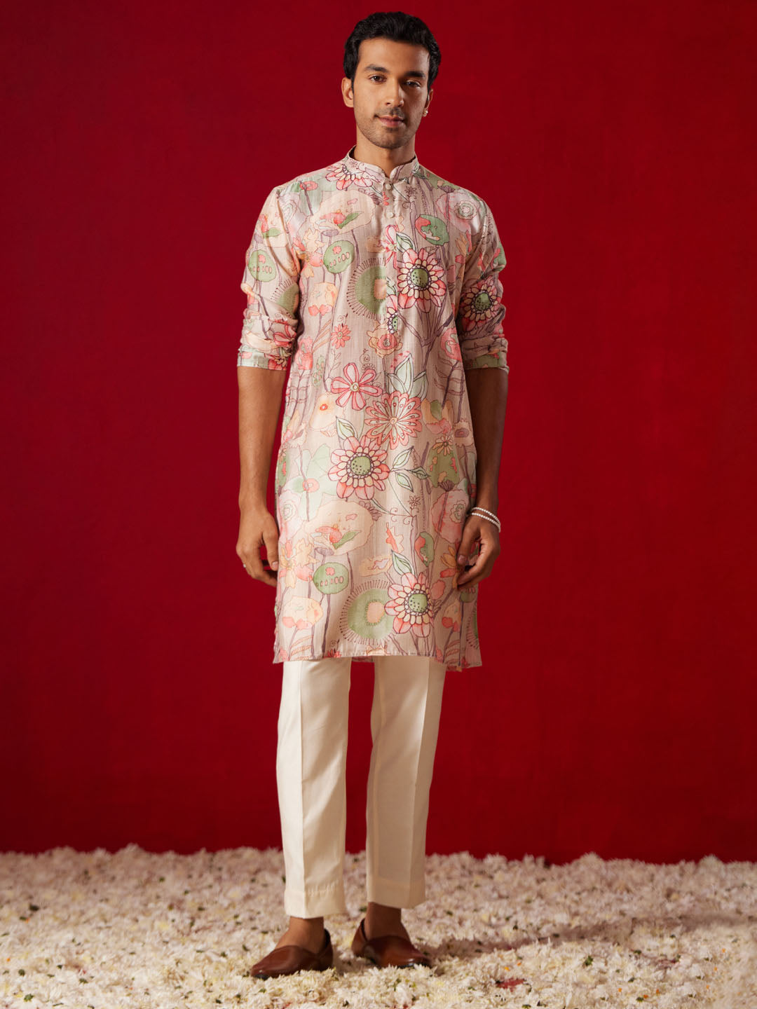 Men's Multi color Base Cream Cotton blend Straight Kurta Pyjama Set
