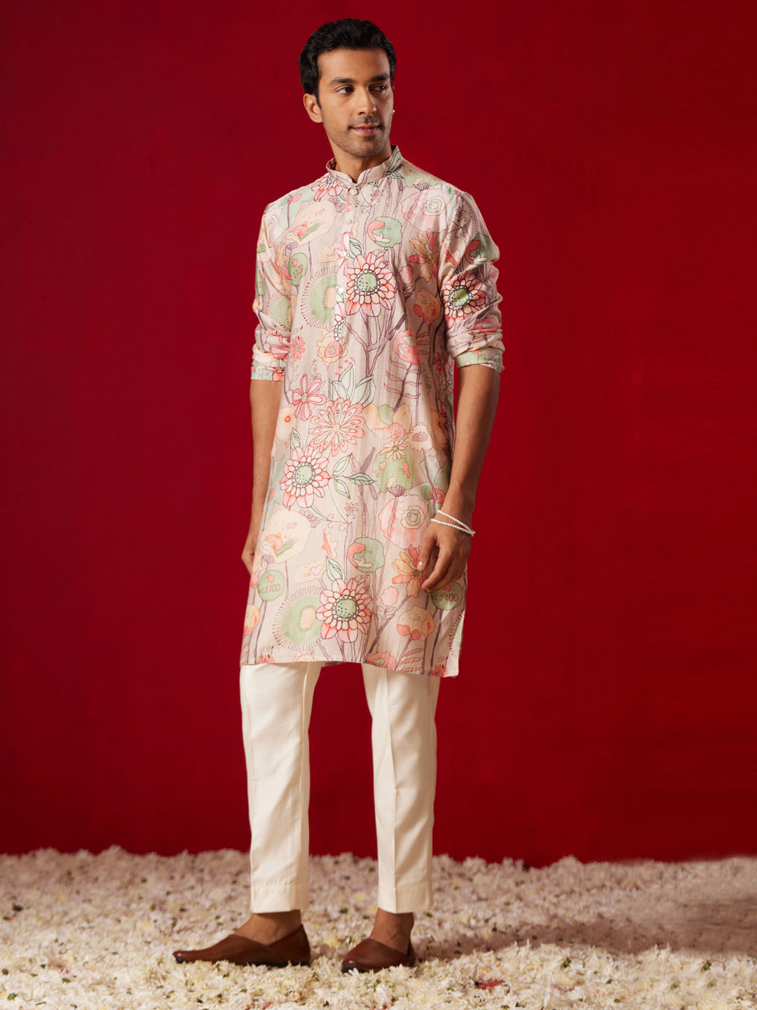 Men's Multi color Base Cream Cotton blend Straight Kurta Pyjama Set