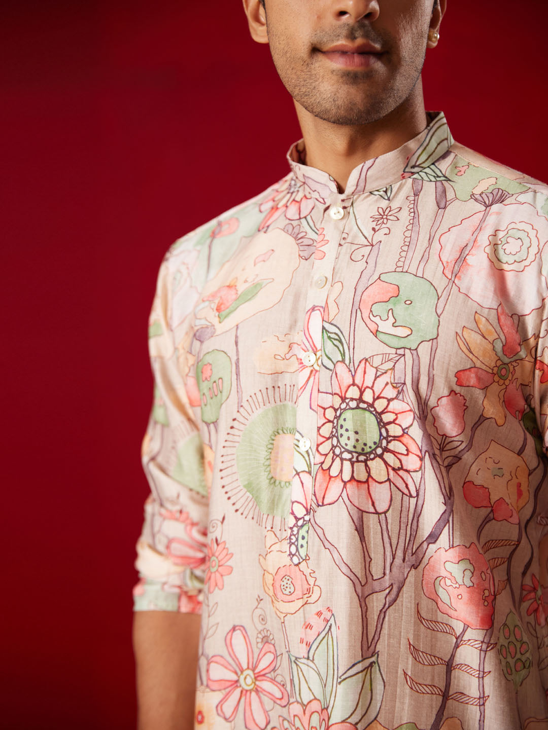 Men's Multi color Base Cream Cotton blend Straight Kurta Pyjama Set