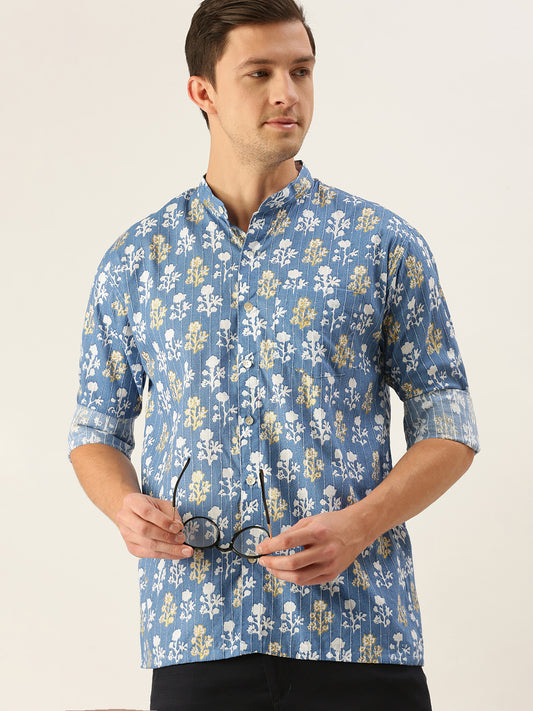 Men's Blue Cotton Straight Ethnic Shirt