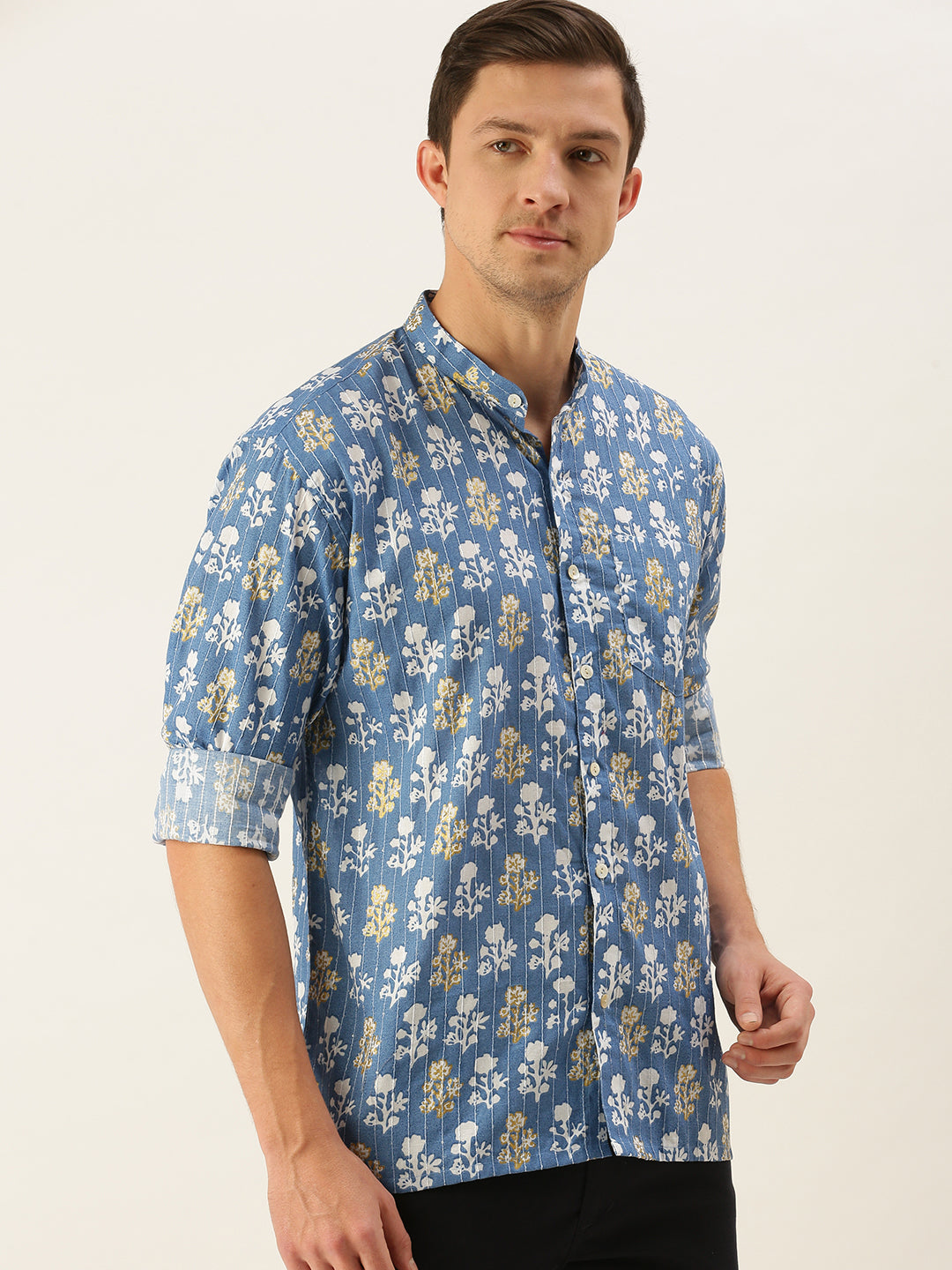 Men's Blue Cotton Straight Ethnic Shirt