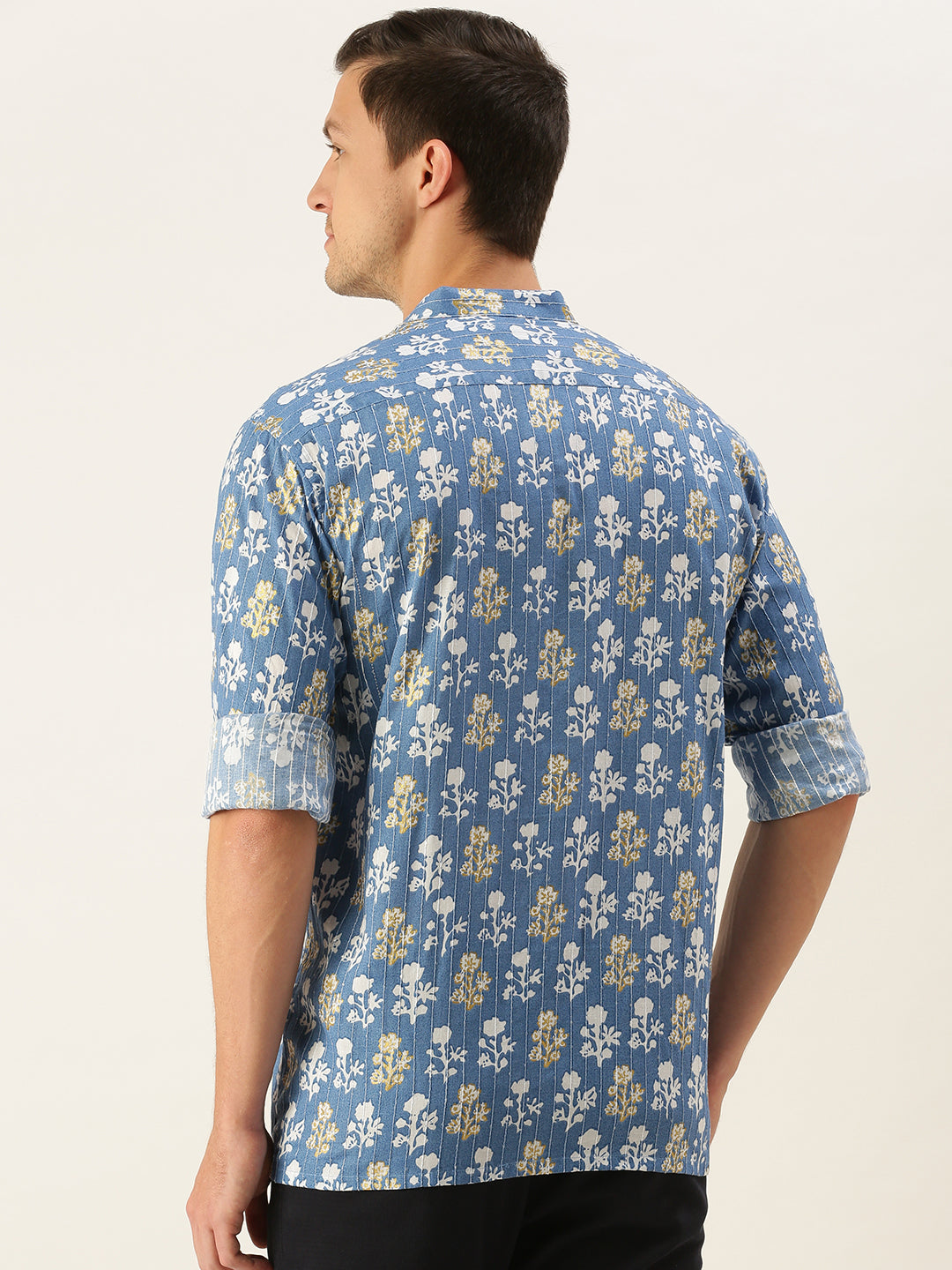 Men's Blue Cotton Straight Ethnic Shirt