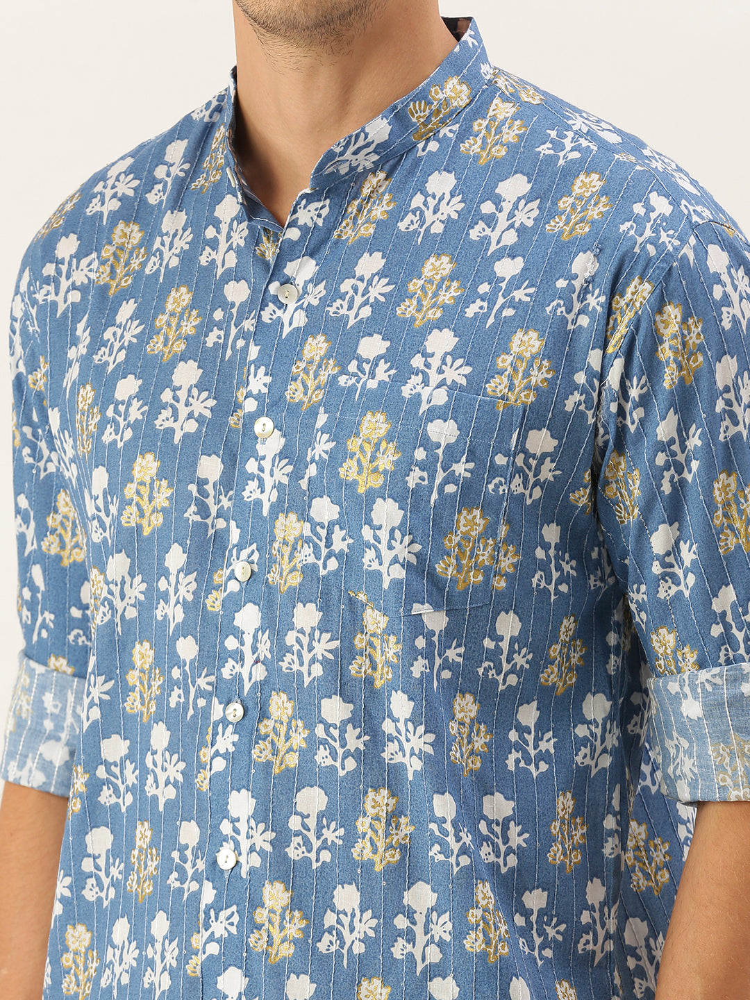 Men's Blue Cotton Straight Ethnic Shirt