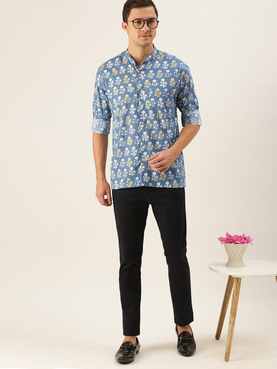 Men's Blue Cotton Straight Ethnic Shirt