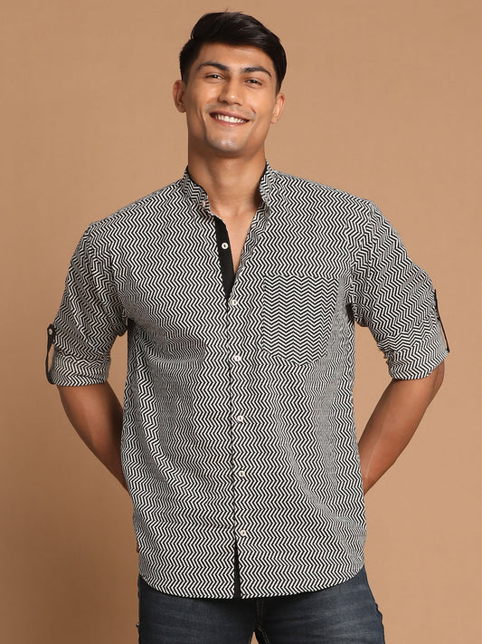 Men's Black Cotton Straight Ethnic Shirt