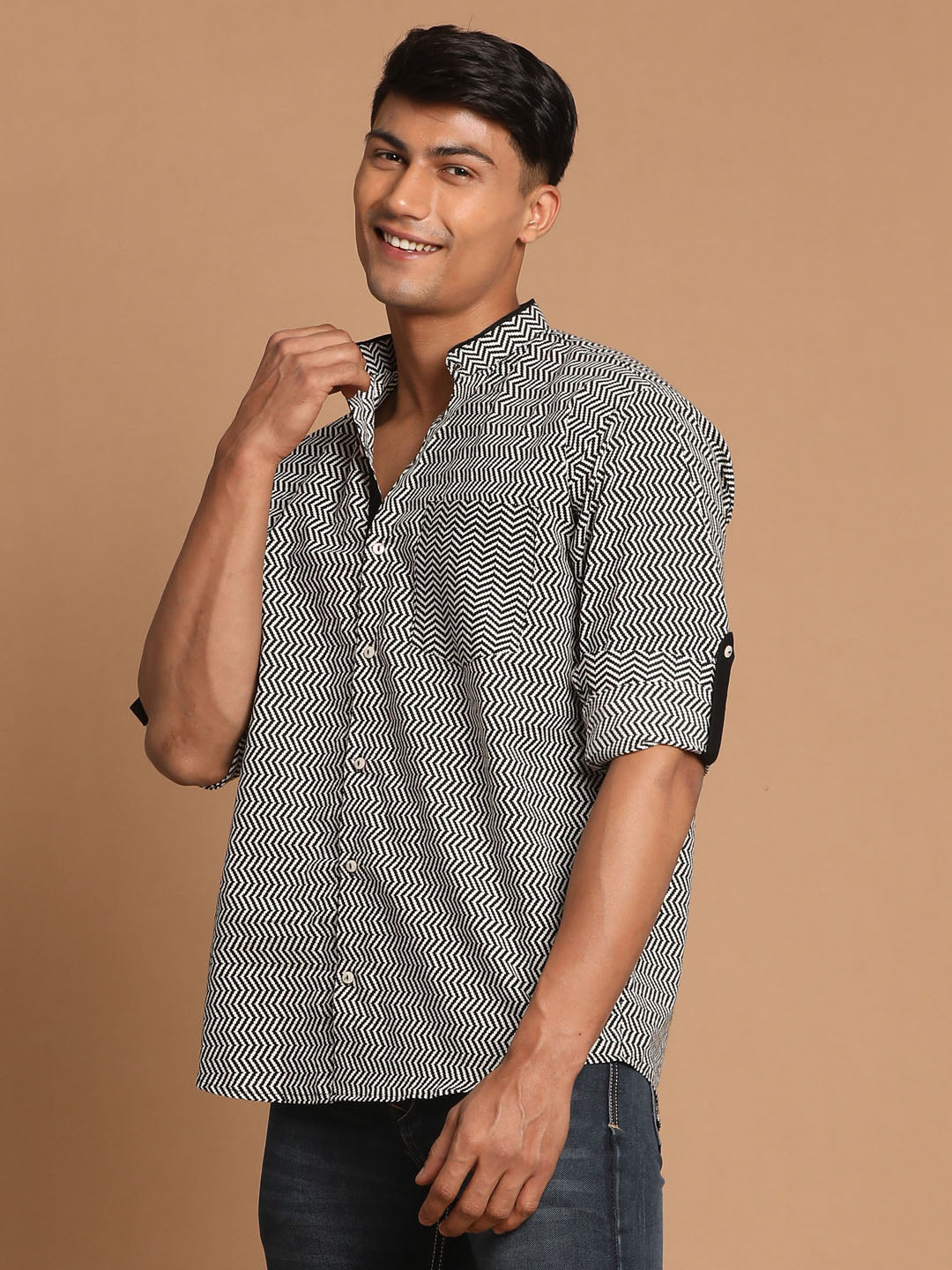 Men's Black Cotton Straight Ethnic Shirt