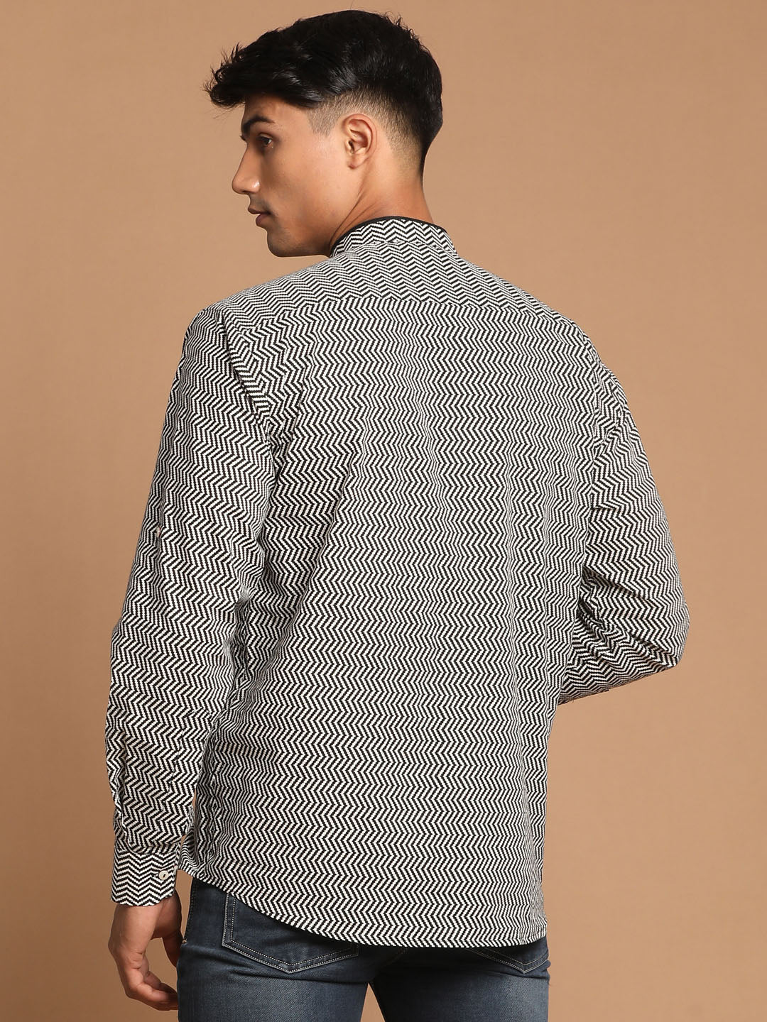 Men's Black Cotton Straight Ethnic Shirt