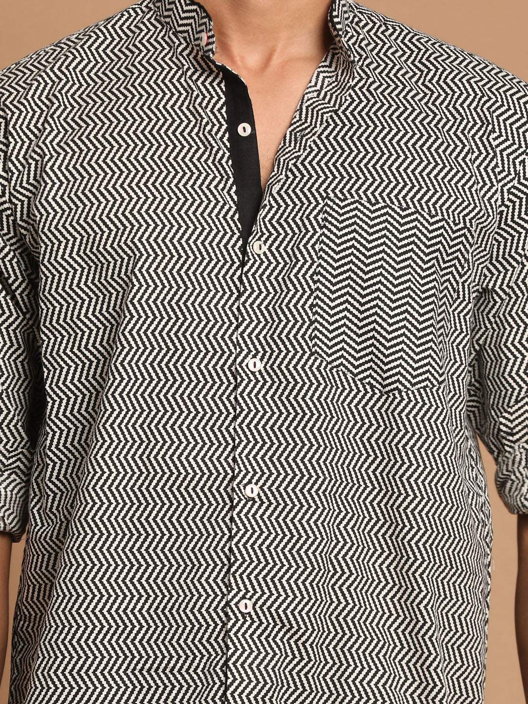 Men's Black Cotton Straight Ethnic Shirt