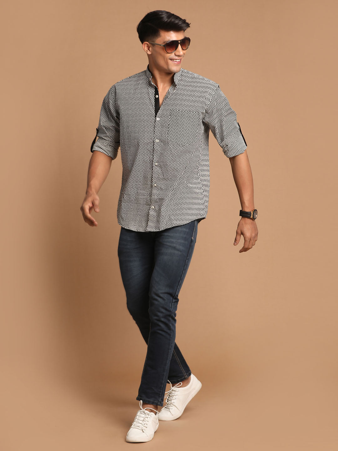 Men's Black Cotton Straight Ethnic Shirt