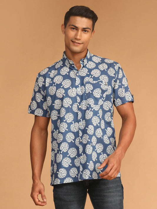 Men's Blue Cotton Straight Ethnic Shirt