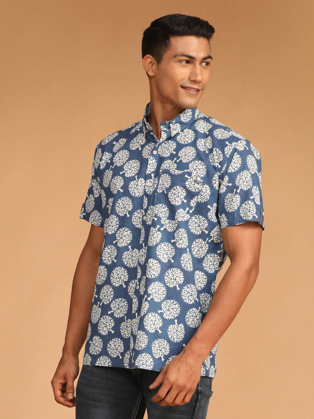 Men's Blue Cotton Straight Ethnic Shirt