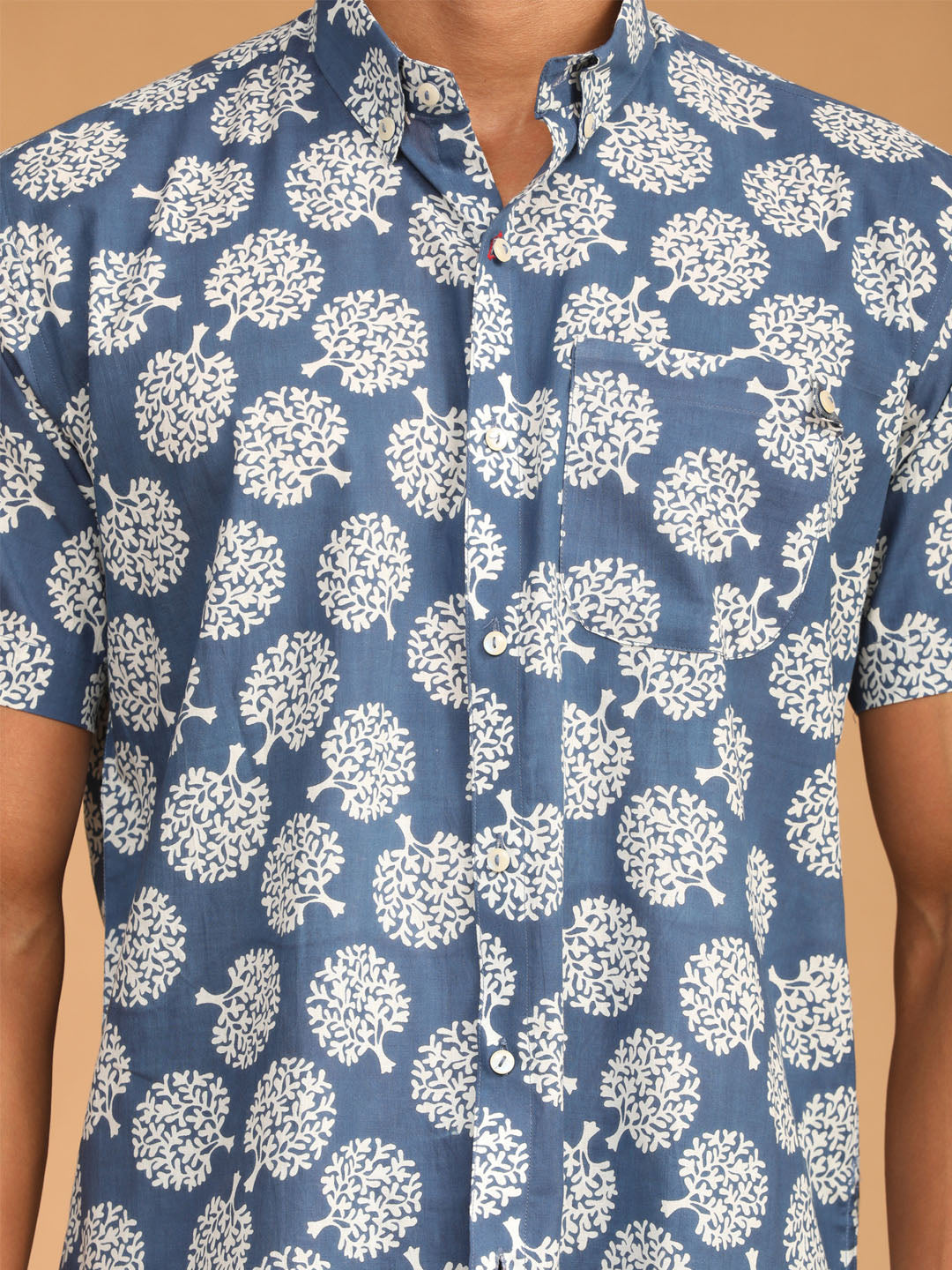 Men's Blue Cotton Straight Ethnic Shirt