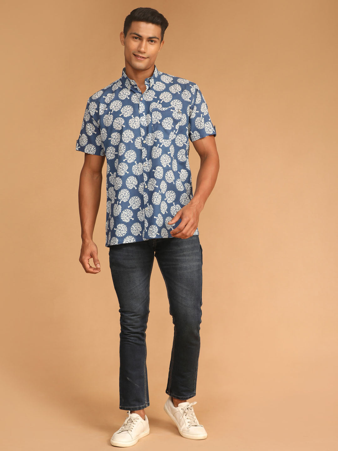 Men's Blue Cotton Straight Ethnic Shirt