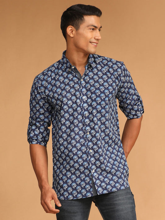 Men's Blue Cotton Blend Straight Ethnic Shirt