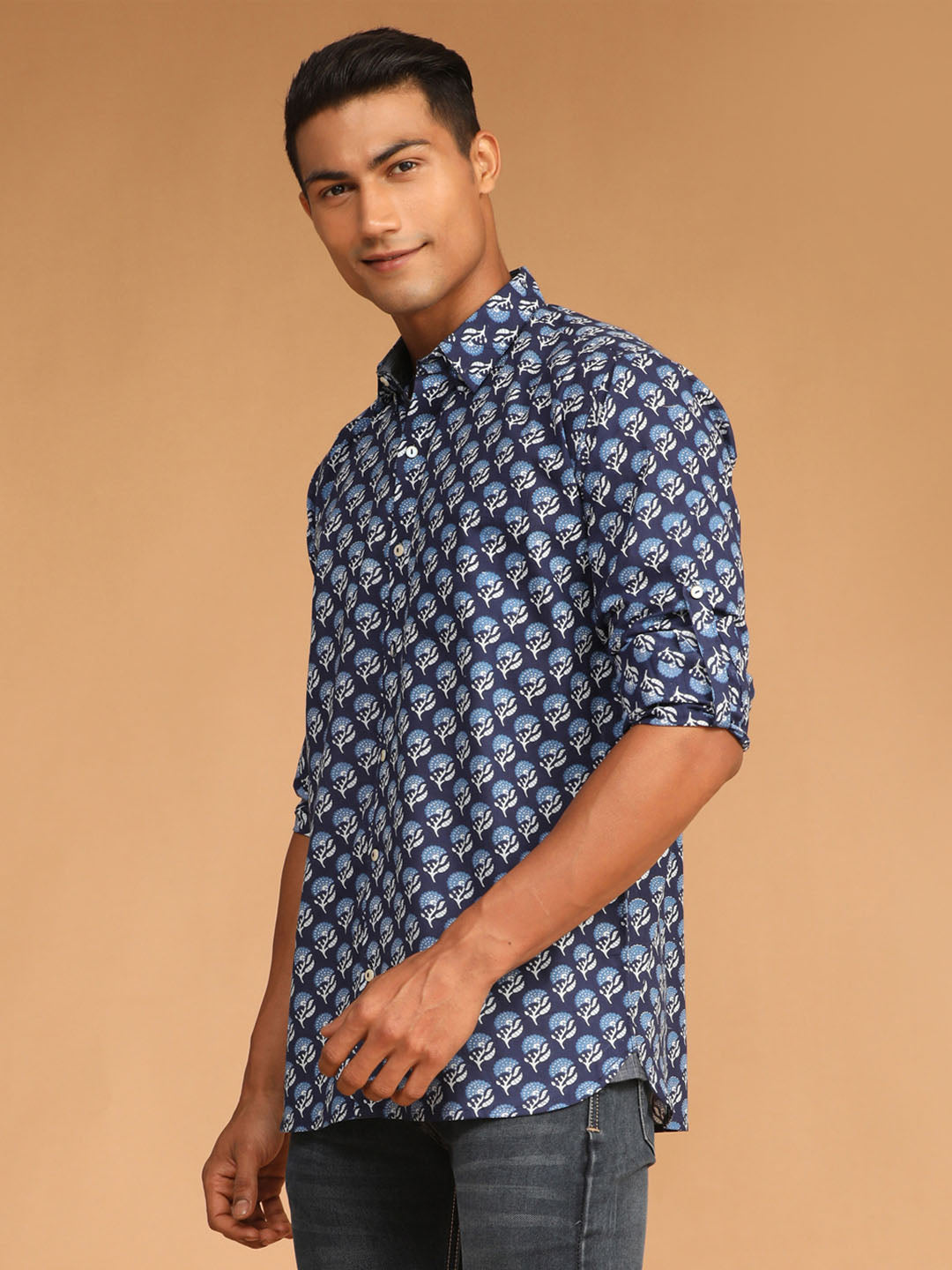Men's Blue Cotton Blend Straight Ethnic Shirt