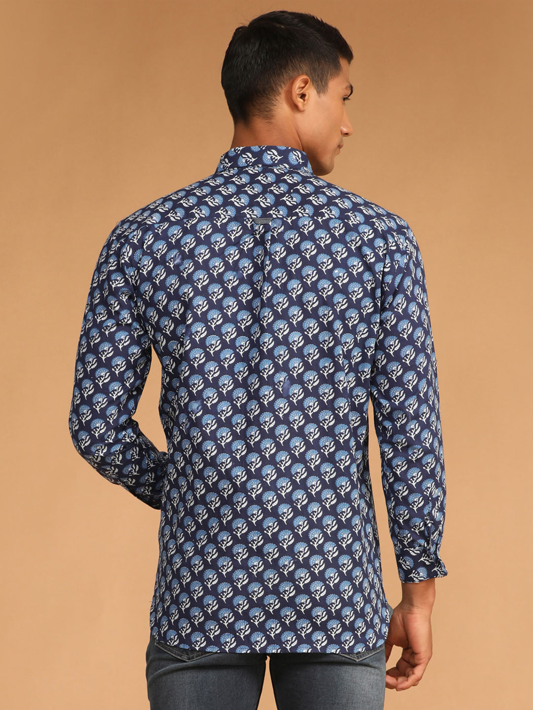 Men's Blue Cotton Blend Straight Ethnic Shirt