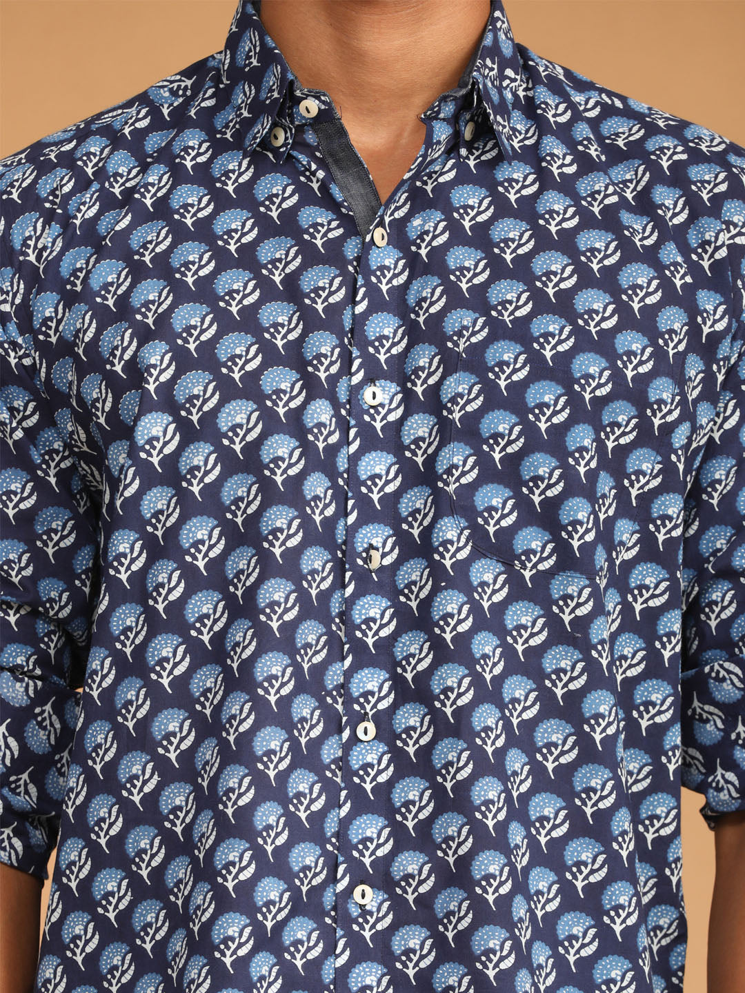 Men's Blue Cotton Blend Straight Ethnic Shirt