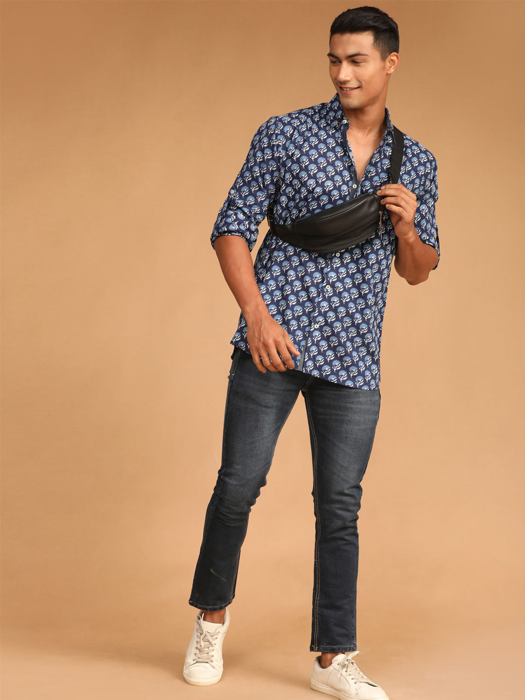 Men's Blue Cotton Blend Straight Ethnic Shirt