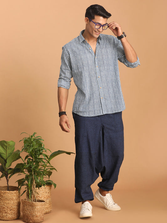 Men's Indigo Blue Cotton Straight Ethnic Shirt