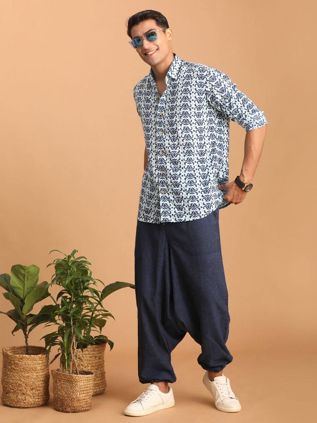 Men's Indigo Blue Cotton Straight Ethnic Shirt