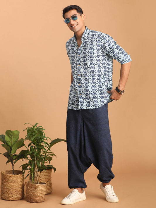 Men's Indigo Blue Cotton Straight Ethnic Shirt