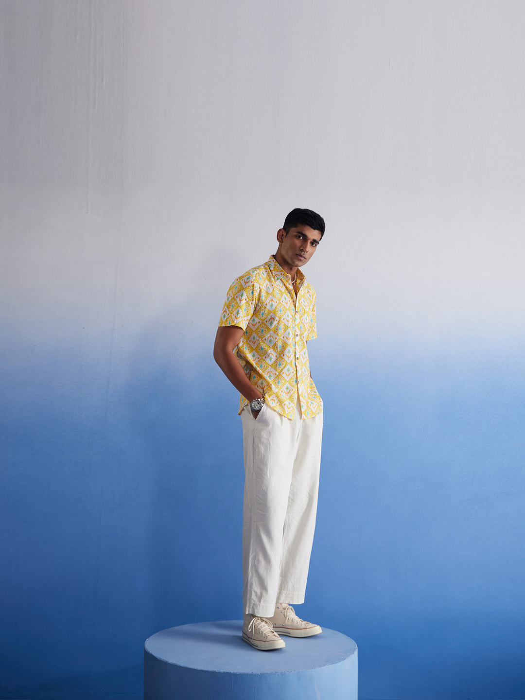 Men's Yellow Cotton Straight Ethnic Shirt
