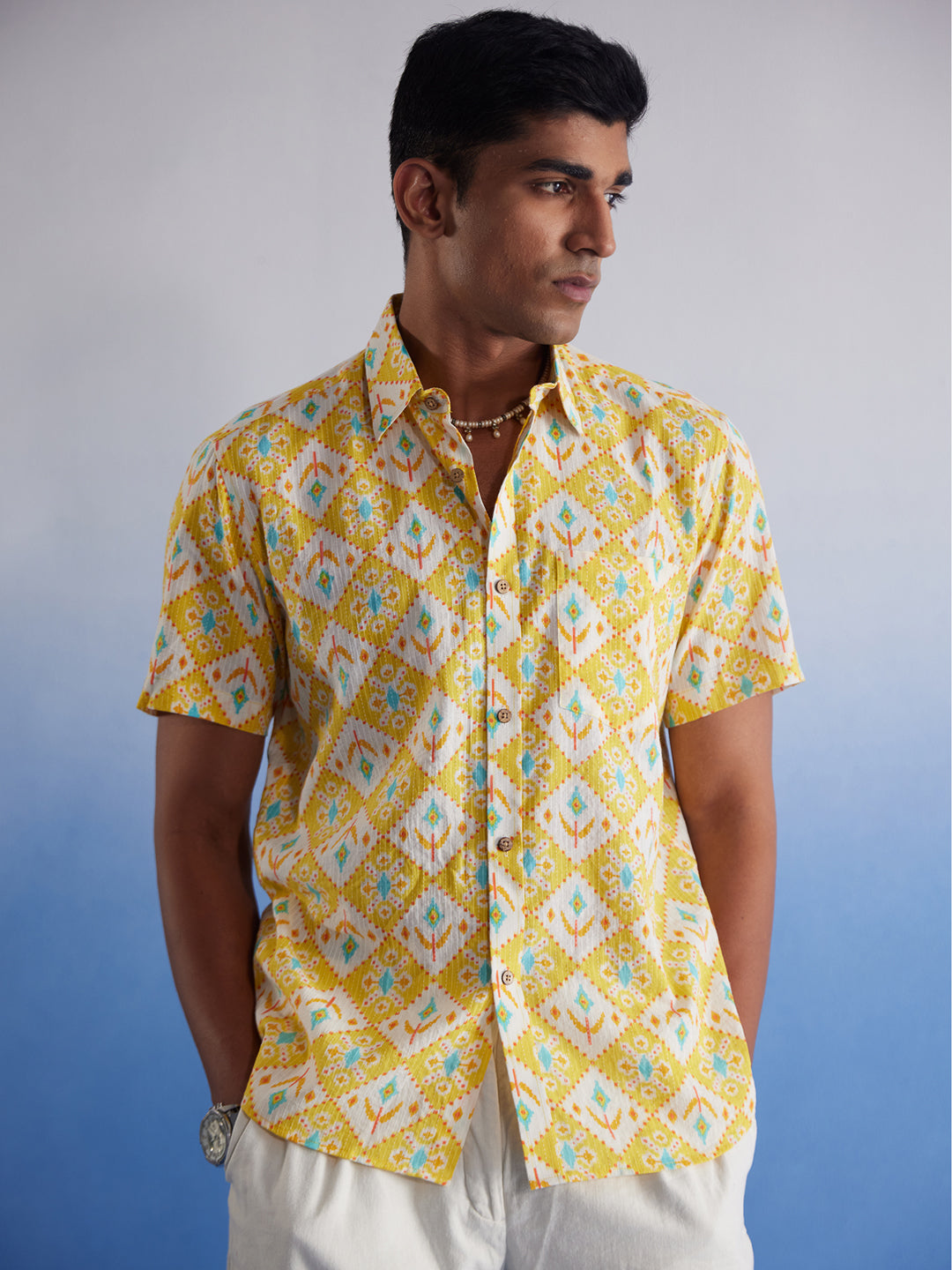 Men's Yellow Cotton Straight Ethnic Shirt