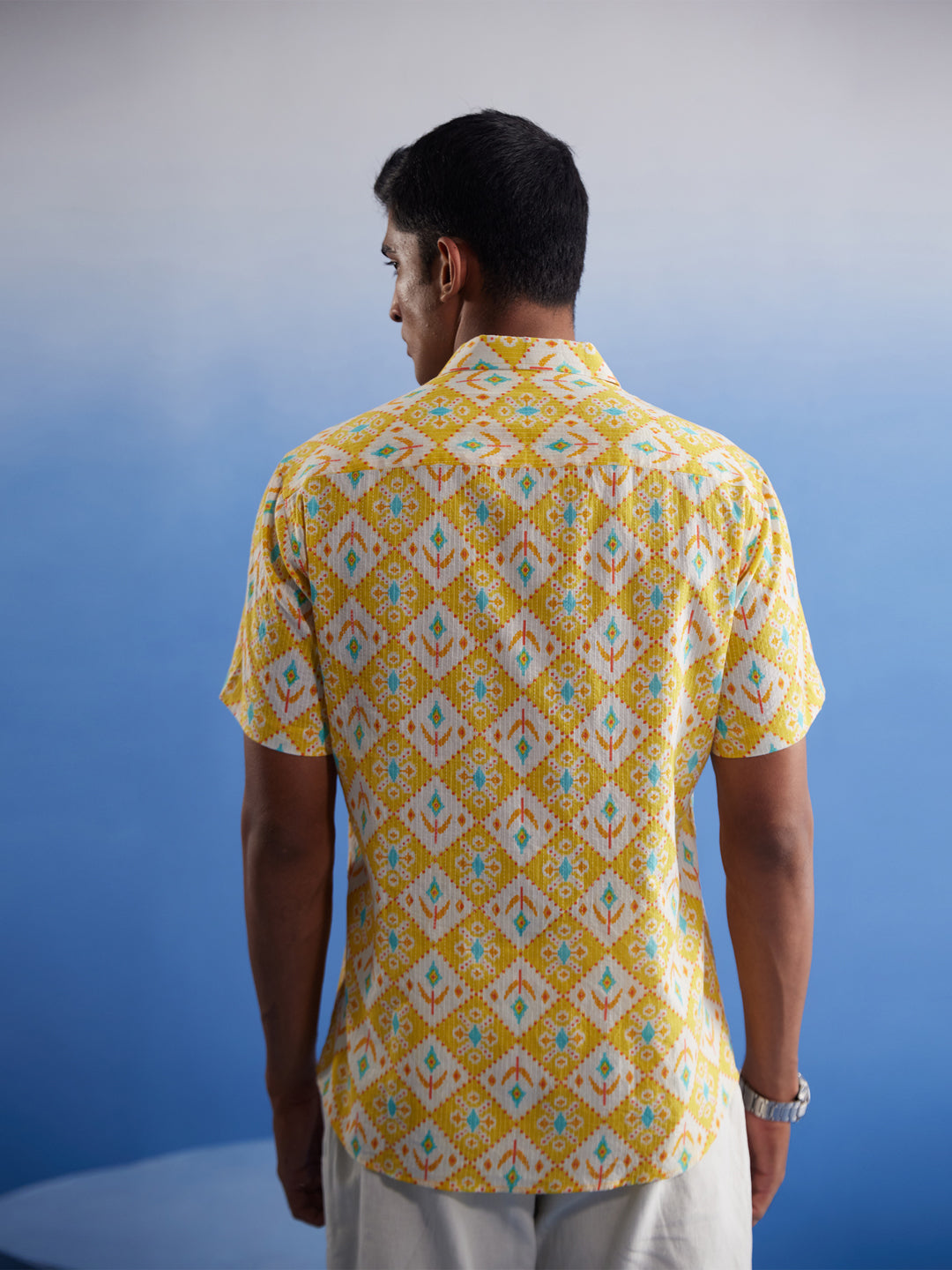 Men's Yellow Cotton Straight Ethnic Shirt