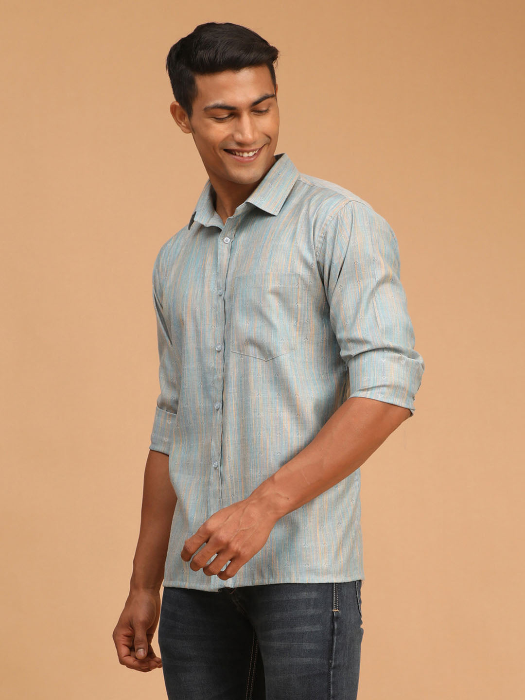 Men's Blue Cotton Straight Ethnic Shirt