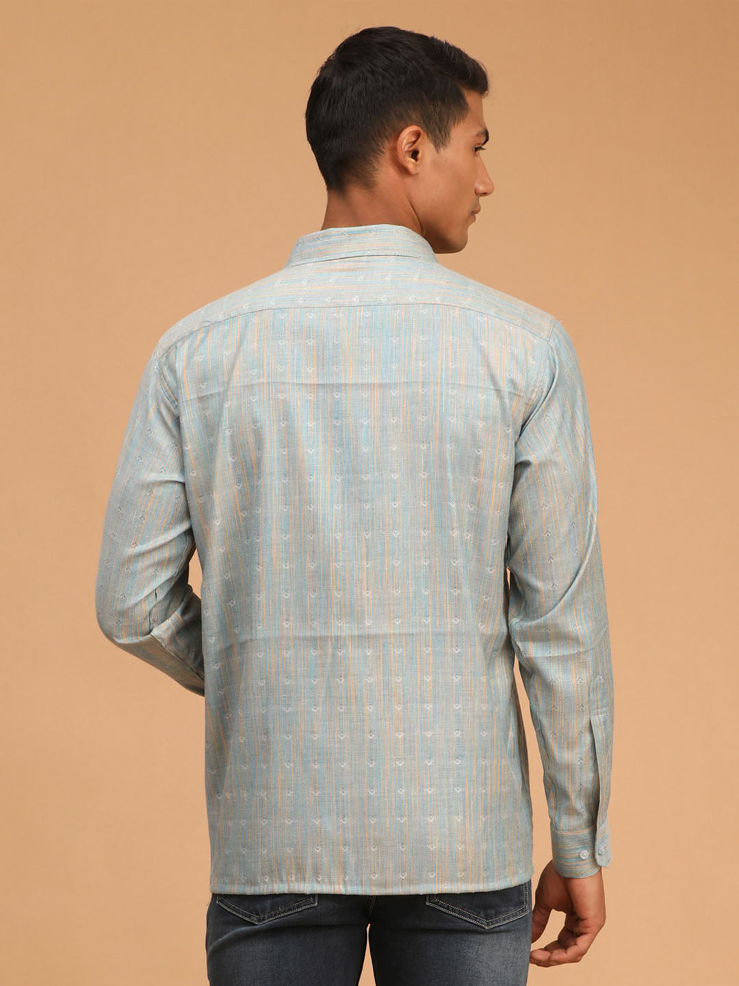 Men's Blue Cotton Straight Ethnic Shirt